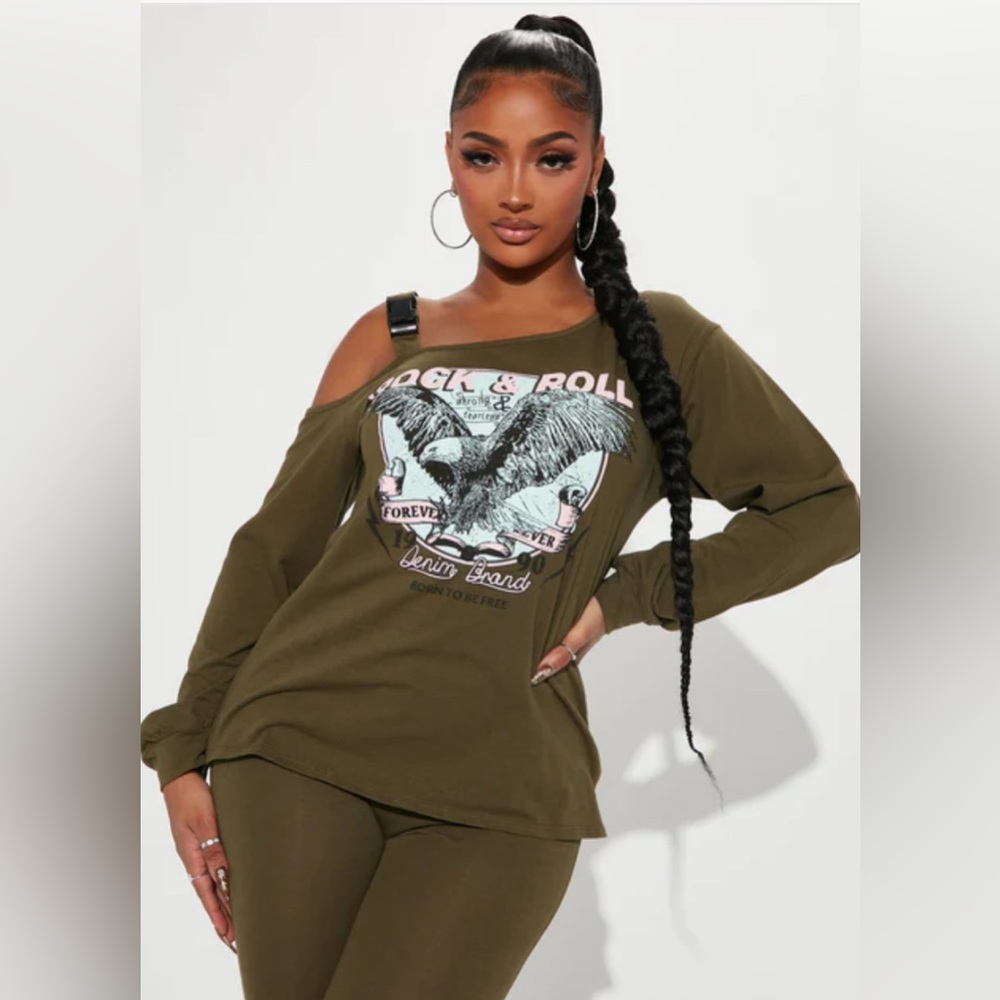 Fashion Nova Olive Rockstar Babe Top Size L Graphic Buckle Strap Y2K Streetwear